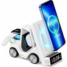 Store T20 15W 5'i 1 Arada Magsafe Kablosuz Şarj Istasyonu, Dijital Saatli Forklift Tasarım, iPhone 16/15/14/13/12, Apple Watch, Airpods Uyumlu Masaüstü Hızlı Şarj Standı, Beyaz
