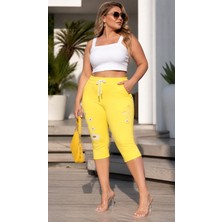 Gizella Style Büyük Beden Beli Lastikli Bağcıklı Toparlayıcı Yüksek Bel Çiçek Nakışlı Dar Kesim Coton Kadın Kapri