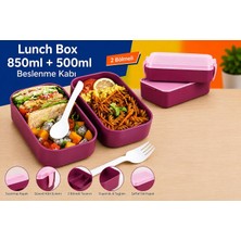 Store Dordoi Astrallife 2 Katlı Beslenme Kabı 850 ml + 500 ml Bölmeli Lunch Box Çatal Kaşık Seti Mürdüm Renk