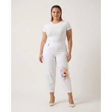 Zanessi Fashion Büyük Beden Beli Lastikli Toparlayıcı Yüksek Bel Paçası Çiçek Desenli Düz Paça Kumaş Kadın Pantolon