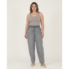 Zanessi Fashion Büyük Beden Beli Lastikli Bağcıklı Yandan Taşlı Şerit Detaylı Dökümlü Tensel Kumaş Bol Paça Denim Kadın Pantolon