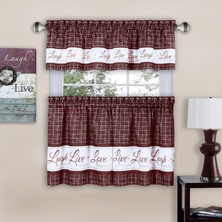 Store Home Furnishings Live, Love, Laugh - Baskılı Kat & Kısa Perde Seti - 58X36 - Bordo
