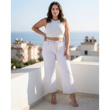Zanessi Fashion Büyük Beden Beli Lastikli Taş İşleme Kemerli Toparlayıcı Yüksek Bel Paçası Taş Detaylı Bol Paça Kadın Pantolon