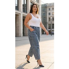 Zanessi Fashion Büyük Beden Beli Lastikli Ön Cepli Dikiş Detaylı Tensel Kumaş Dökümlü Denim Kadın Pantolon