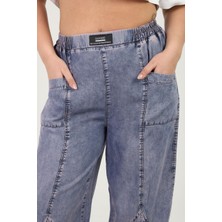 Zanessi Fashion Büyük Beden Beli Lastikli Ön Cepli Dikiş Detaylı Tensel Kumaş Dökümlü Denim Kadın Pantolon