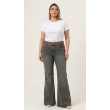 Zanessi Fashion Büyük Beden Yüksek Bel Kemerli Bol Paça Denim Kadın Panton