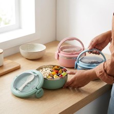 Store 700 ml Paslanmaz Çelik Yemek Kabı, Kaşıklı, Saplı ve Kilitli Yuvarlak Lunch Box, Mavi Yeşil Pembe Renk Seçenekli, 12X11X13CM Kapaklı Saklama ve Taşıma Kabı