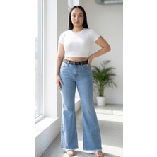 Zanessi Fashion Büyük Beden Kemerli Toparlayıcı Bol Paça Denim Kadın Pantolon
