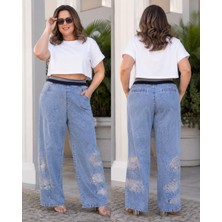 Trieste Wear Büyük Beden Bol Kesim Paçası Desenli Taş Detayli Denim Kadın Pantolon