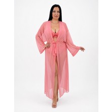 Pierre Cardin Büyük Beden Uzun Kollu Belden Bağcıklı Tül Kadın Kaftan Pareo