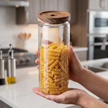 Aydogan's Akasya Kapaklı Yuvarlak Borosilikat Cam Kavanoz 1250 Ml, 9 × 25 Cm, Orta Delikli Ahşap Kapak, Şeffaf Makarna Bakliyat Kahve Çay ve Kuru Gıda Saklama Kabı, 1 Adet