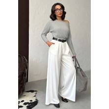 Caddebostan Moda Krem Yüksek Bel Bol Paça Saten Pantolon Modern Premium Luxury Trend Tasarım Pantolon