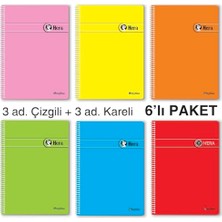 A5 Spiralli Okul Defteri 6'lı Paket, 6 Adet, 3 Çizgili ve 3 Kareli, 72 Yaprak, Kaliteli Kağıt, Pp Kapak