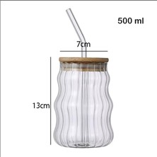 Aydogan's 500ML Bambu Kapaklı Cam Bardak, Cam Pipetli Silikon Kapak Contalı Ince Çizgi Desenli Sıcak Soğuk Içecekler Için Kahve Meyve Suları ve Çayları Için Ergonomik Şık Tasarım