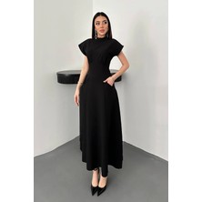 Caddebostan Moda Kadın Göğüs Büzgülü Kısa Kollu Cepli Maxi Uzun Elbise