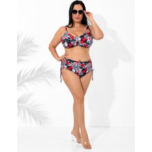 Ola Chicas Büyük Beden Kırmızı Çiçek Desenli Tül Detaylı Kapsız Telli Yüksek Bel Kadın Bikini Takım