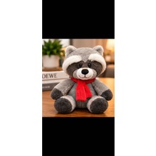 Xuping Gri Rakun Peluş Oyuncak Kırmızı Atkılı Sevimli Yumuşak Sarılmalık Hediye 25 cm