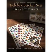 Dekorif Kelebek Sticker Seti 500+ Adet Farklı Boyutlarda Vintage Ajanda Defter Journal Scrapbook 5 Sayfa A4
