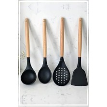 Spatula, Silikon Bambu Saplı 4 Parça Mutfak Servis Seti Siyah (Kepçe-Kaşık-Kevgir )