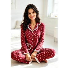 NiCe İç Giyim Kadın Kalp Desenli Düğmeli Uzun Kollu Pijama Takımı Rahat Kumaş Biyeli Mevsimlik Şık Ev Giyim