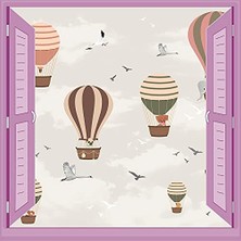 Çocuk ve Bebek Odası Pencere Posteri Duvar Kağıdı, Balonlar ve Kuşlar