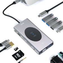 13'ü 1 Arada Usb-C Hub ve Kablosuz Şarj Istasyonu, Usb-C-Hdmı, Ethernet, Vga, 5 Usb, Sd/tf, 100W Pd, 3,5 mm Ses
