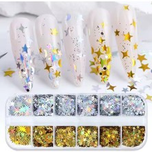 Holografik Gold Gümüş Ay ve Yıldızlar Tırnak Süsleme Folyo Pulları Mix Nail Art
