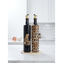 Mes Reves Büyük Boy 2'li Set Cam Yağdanlık Sirkelik Seti 750 ml - Leopar Desenli Dekoratif Mutfak Seti