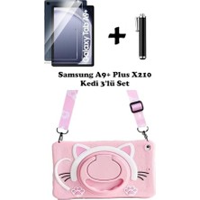 Kazan Hobi Samsung Galaxy Tab A9 Plus 11 (2023) SM-X210 ile Uyumlu Kedi Çocuk Kılıfı Askılı Stand 3'lü Set, Pembe