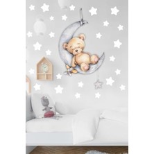 Kazan Hobi Ayda Uyuyan Sevimli Ayıcık ve Beyaz Yıldızlar Çocuk Bebek Odası Sticker Seti