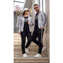 Evlium Unisex 3'lü Sevgili Kombin Eşofman Takımı Dalgıç Kompak 2 Iplik Ceket Tişört Alt Set