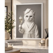 Mesela Spa Cat – Şampanyalı Kedi Dekoratif Çerçeveli Duvar Tablosu