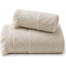 Happy Trend 2'li Banyo Havlu Seti -%100 Pamuk Jakarlı Büyük Boy Banyo Havlusu 90X150 cm - El Yüz Havlusu 50X90 cm - Yumuşak Püsküllü Çeyizlik Takım - Yüksek Emicilik - Kadın Erkek - Taş Rengi
