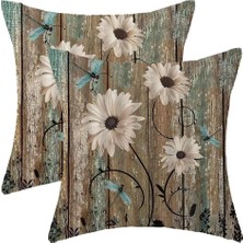 Happy Trend Rustik Papatya Yastık Kılıfları 40 x 40 cm 2'li Set, Vintage Camgöbeği Yusufçuk Papatya Çiçekli Ahşap Tahta Dekoratif Kırlent Kılıfları Çiftlik Evi Bahar Çiçeği Dış Mekan Yastıkları Kanepe Ev