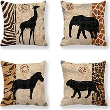 Happy Trend 4'lü Set, Afrika Hayvanları, Zürafa, Fil, At, Zebra Desenli ve Leopar Desenli Leopar Desenli Dekoratif Kırlent Kılıfları, Tek Taraflı Baskılı, Pamuklu Keten, 18X18 Inç (45X45 Cm)