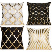 Happy Trend Ev Dekoratif 4'lü Kırlent Kılıfı Seti Altın Folyo Yastık Kılıfları 45,7 x 45,7 cm Geometrik Kare Yastık Kılıfları Dekor Kanepe Yatak Odası (Siyah/beyaz ve Altın)