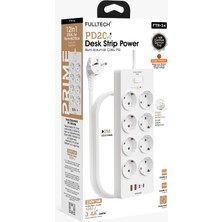 Fulltech Ftr-34 Pd 20W Akım Korumalı Çoklu Priz – 8xac Soket + 2 Usb-A + 2 Usb-C, 2 M Kablo