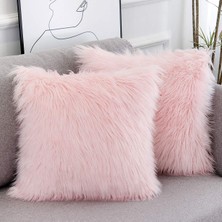 Happy Trend 2'li Set Pembe Kabarık Yastık Kılıfı Yeni Lüks Seri Merinos Tarzı Allık Suni Kürk Dekoratif Kırlent Kılıfları Kare Bulanık Yastık Kılıfı 45X45 cm