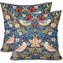 Happy Trend 45 cm Mavi Adaçayı Yeşili Pimpernel Yastık Kılıfı 2'li Set Kırmızı Çilek Renkli Çiçekli Kuş Dekoratif Kırlent Kılıfı Oturma Odası Veranda Veranda Veranda Dış Mekan