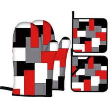 Happy Trend Siyah Gri Beyaz Fırın Eldiveni ve Tencere Tutucuları 4'lü Set Mutfak Pişirme Pişirme Izgara Için Geometrik Fırın Eldiveni (Kırmızı)