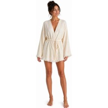Happy Trend Kadın Ekru Müslin Kimono Bornoz – Kuşaklı, Püskül Detaylı, Oversize Rahat Kesim Plaj & Ev Giyim