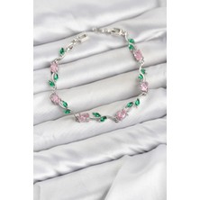 Ata Store Pirinç Gümüş Renk Pembe Zirkon Taşlı Çiçek Model Kadın Bileklik - Lisinya