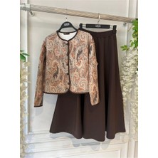 Trendparis Etnik Desenli Şık Dalgıç Kumaş Ceket & Etek Ikili Takım