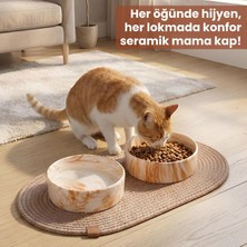 Defne Store Premium 3'lü Evcil Hayvan Mama Kabı Seti 2 Adet Lüks Mermer Desenli Seramik Kase ve 1 Adet Oval Örgü Jüt Paspas, Kedi ve Köpek Su Yemek Tabağı Seti (Kahvrengi)