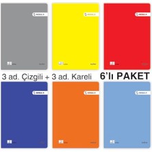 Defne Store A5 60 Yaprak Pp Kapaklı Tel Dikişli Defter – 6'lı Karma Paket (3 Çizgili, 3 Kareli)