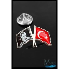Defne Store Türk Bayraklı ve Atatürk Imzalı Yaka Rozeti, Gümüş Renk, Metal Kararmaz, Unisex