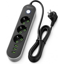 Şanal 3 USB Portlu 3’lü Topraklı Uzatma Priz 3 Metre Kablolu Açma Kapama Anahtarlı 2500W 10A 250V Akıllı Şarj Otomatik Akım Ayarlı Pc Abs Alev Geciktirici Çoklu Priz | E103
