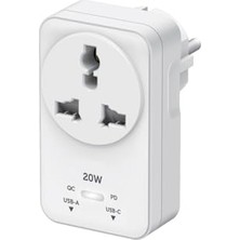 Şanal Hızlı Şarj Özellikli, Akım Korumalı 20W Pd Hızlı Şarjlı Universal Priz Dönüştürücü, 2500W Akım Korumalı, Usb-C ve Usb-A Çıkışlı, Tüm Ülke Fişleri Uyumlu (Beyaz)