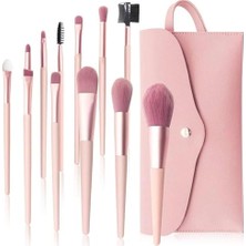 aklow akyoleticaret 12 Parça Mini Makyaj Fırçası Seti, Pu Çantalı, Pembe