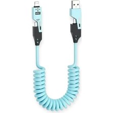 aklow akyoleticaret 4in1 Spiral Şarj Kablosu 65W Hızlı Şarj - Usb-A Type-C Lightning Çoklu Kablo - Esnek Yay Tasarım - Premium Kalite Çok Fonksiyonlu Data Kablosu (Mavi)
